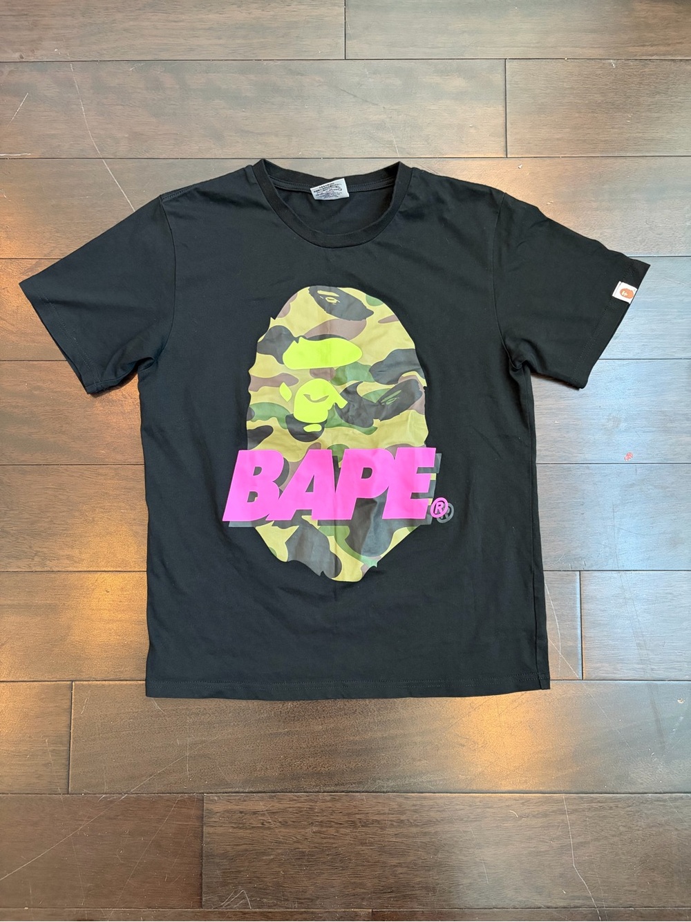 Bape Black Tee with Green Camo Ape Head and Pink BAPE Logo